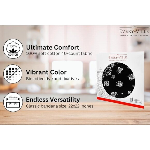 Women's Black Cotton Bandana Large Cowgirl Imported Handkerchief Headband Scarf - Picture 2 of 7